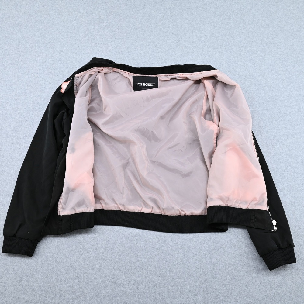 Joe Boxer Womens Black Bomber Jacket Patches Smiley Coffee Bossy Full Zip L - Picture 10 of 14